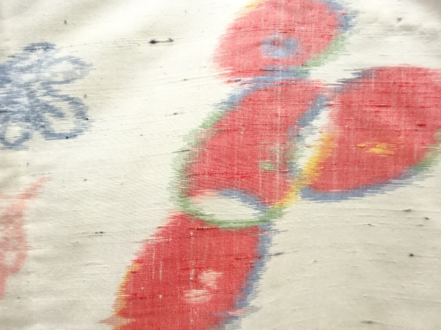  アンティーク　万寿菊模様織り出し手織り紬単衣着物